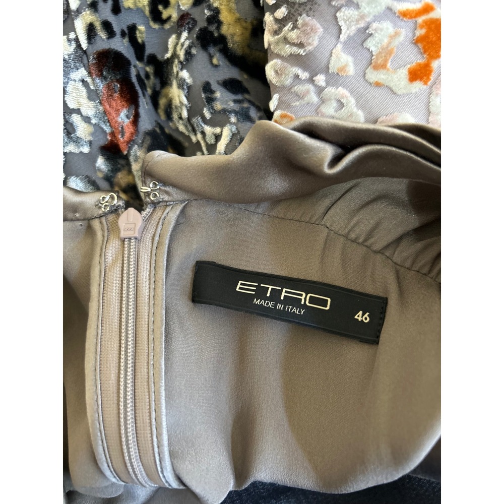 Etro Italy Silk Blend Burnout Velvet Animal Print Sheath Dress Gray Size 46 - Picture 2 of 8
